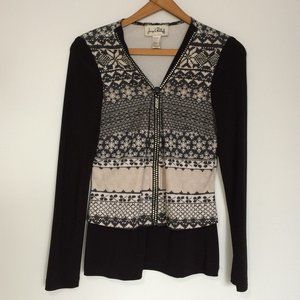 Joseph Ribkoff Top Pullover Sz 8 Black Ivory Snowflake Print Rhinestones Zipper